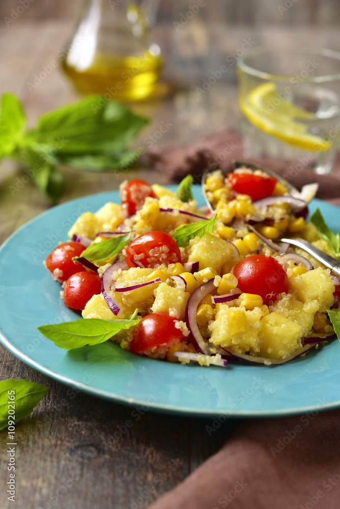 Vegetable salad with fried polenta and quinoa. Vegetable salad with fried polenta and quinoa.