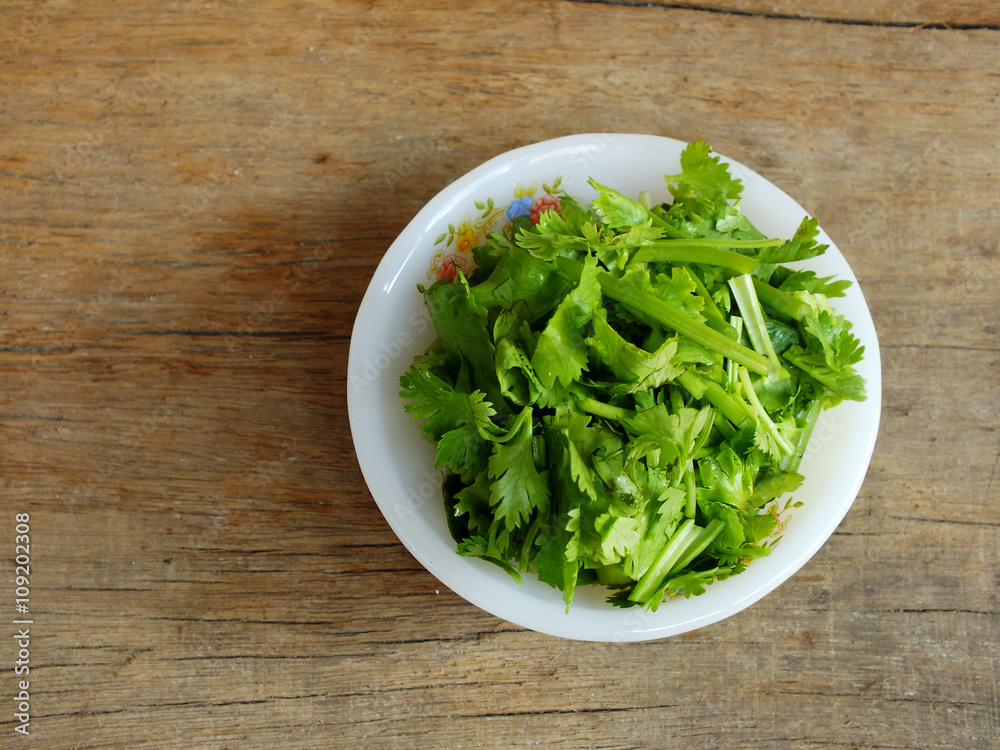 fresh coriander on a wooden table fresh coriander on a wooden table