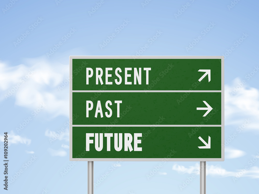 Fototapeta premium 3d illustration road sign with present past and future