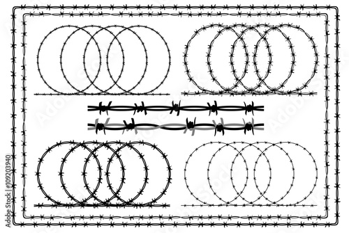 Barb wire (barbed wire) border set - white silhouette on black background, vector. Barbed wire brush pattern. Vector fence illustration isolated on black. Protection concept design