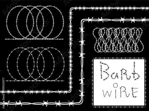 Barb wire (barbed wire) border set - white silhouette on black background, vector. Barbed wire brush pattern. Vector fence illustration isolated on black. Protection concept design
