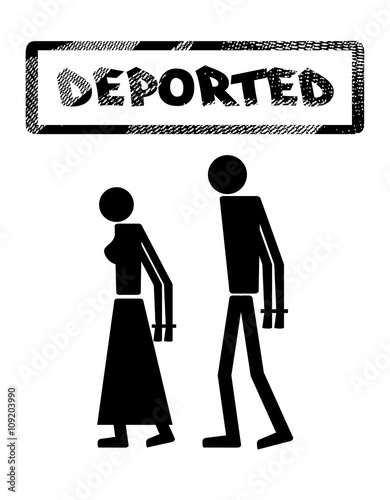 Abstract silhouette icon of man and woman. Man and woman handcuffed. Symbol deportation, deprivation of freedom of movement, exile. The print, stamp "deported"