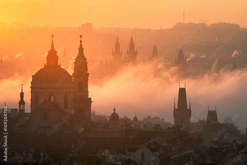 Amazing Prague foggy sunrise, Czech republic