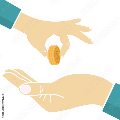 The hand passes money and coins to another person in another hand over white background. Hand with money transactions eps