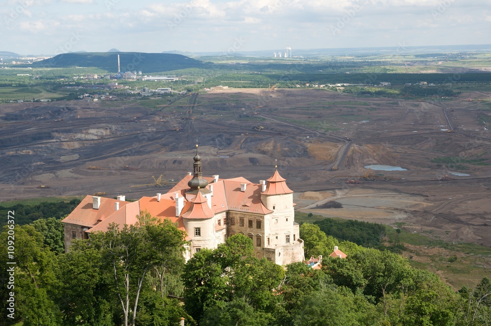 Castle Jezeri and coal mine in the northern Bohemia, Czech republic