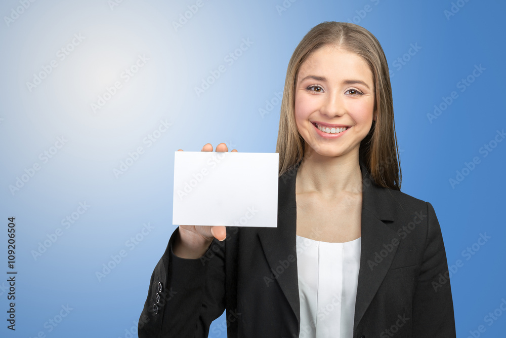 Beautiful happy smiling woman showing copy space Beautiful happy smiling woman showing copy space