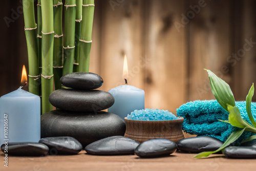 spa concept with zen basalt stones and salt