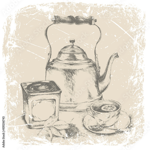 hand drawing of box of tea, cup of tea, tea leaves,lemon.vector illustration