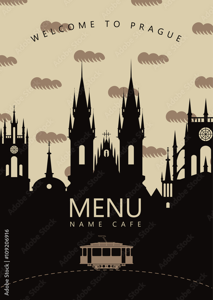 Fototapeta menu restauracji z miejskim krajobrazem Pragi i starym tramwajem
