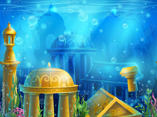 Atlantis. Seamless submerged underwater city, the gold ancient