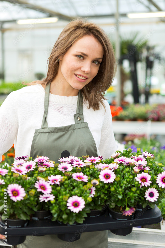 Young attractive woman working at the plants nursery
