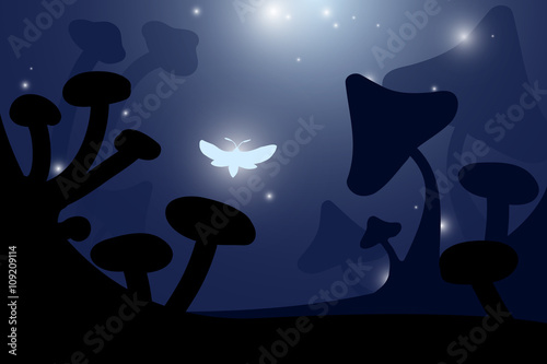 butterfly in fantasy mushroom landscape at night vector