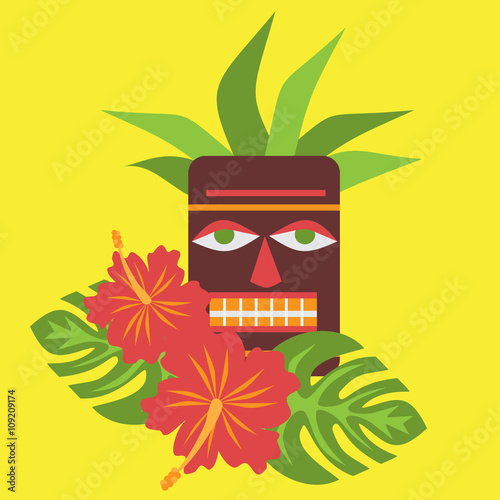 Poster with tropical palm leaves and flowers hibiscus, flower hawaiian with tiki mask bar logo, exotic summer flower hawaii background