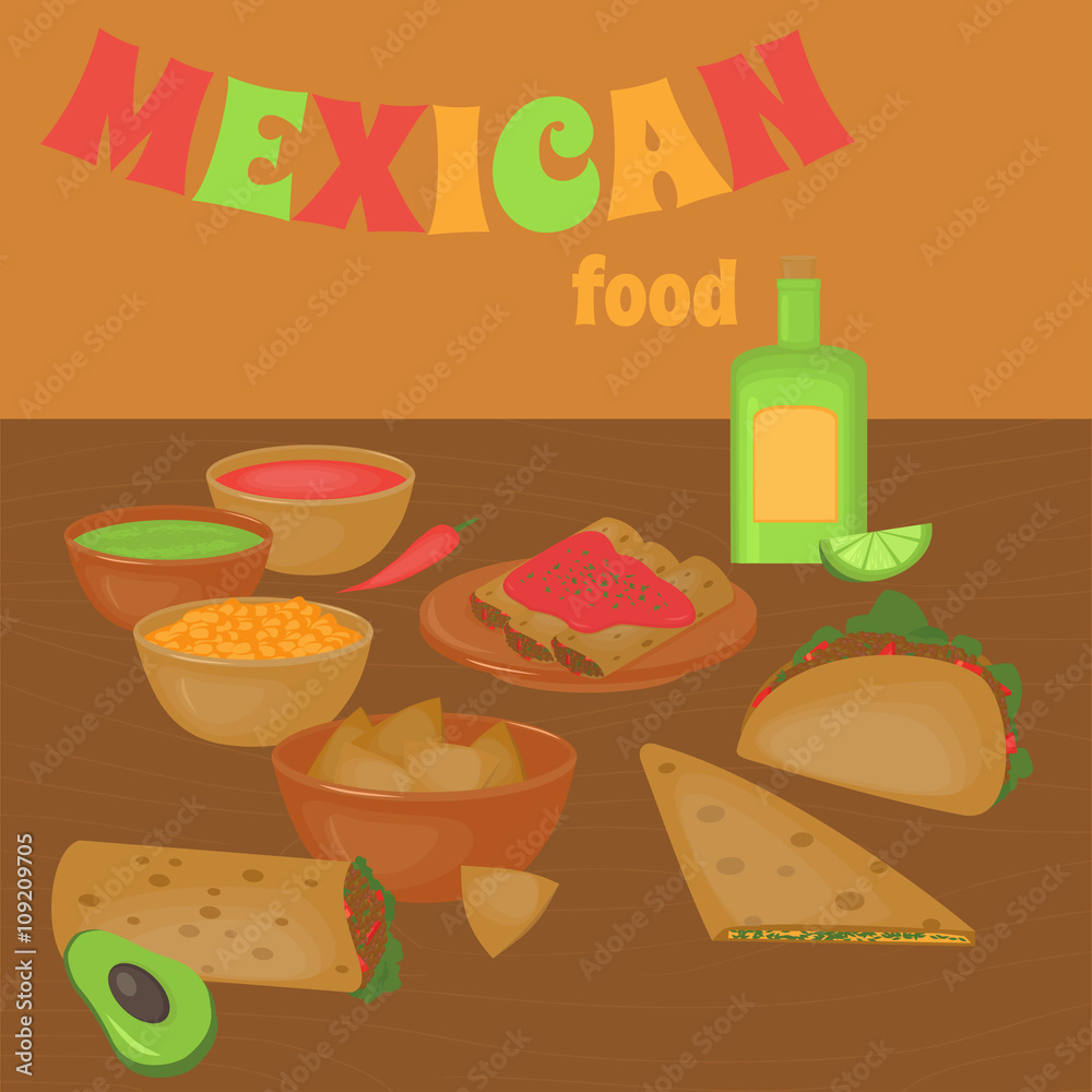 Mexican traditional food set, traditional cusine of Mexico, latino fast food menu takos, burrito Mexican traditional food set, traditional cusine of Mexico, latino fast food menu takos, burrito