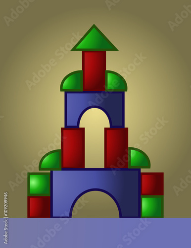 Colored castle playground built from small red, green and blue parts, digital vector image