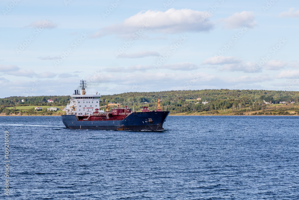 Tanker Navigating Past Shore of Canada
