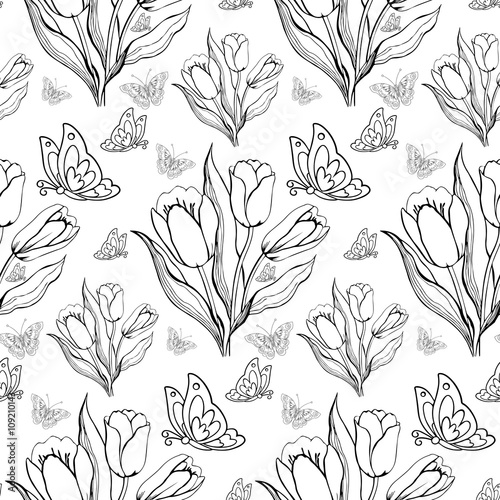Seamless repeating pattern with tulips and butterflies.Vector