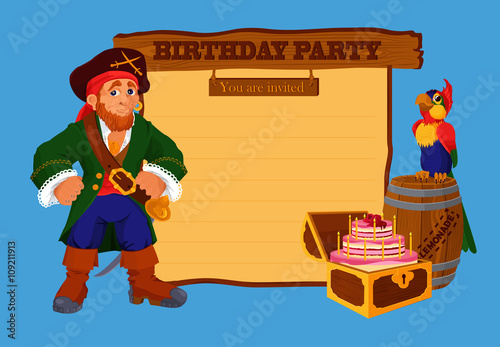 Birthday party invitation card with pirate
