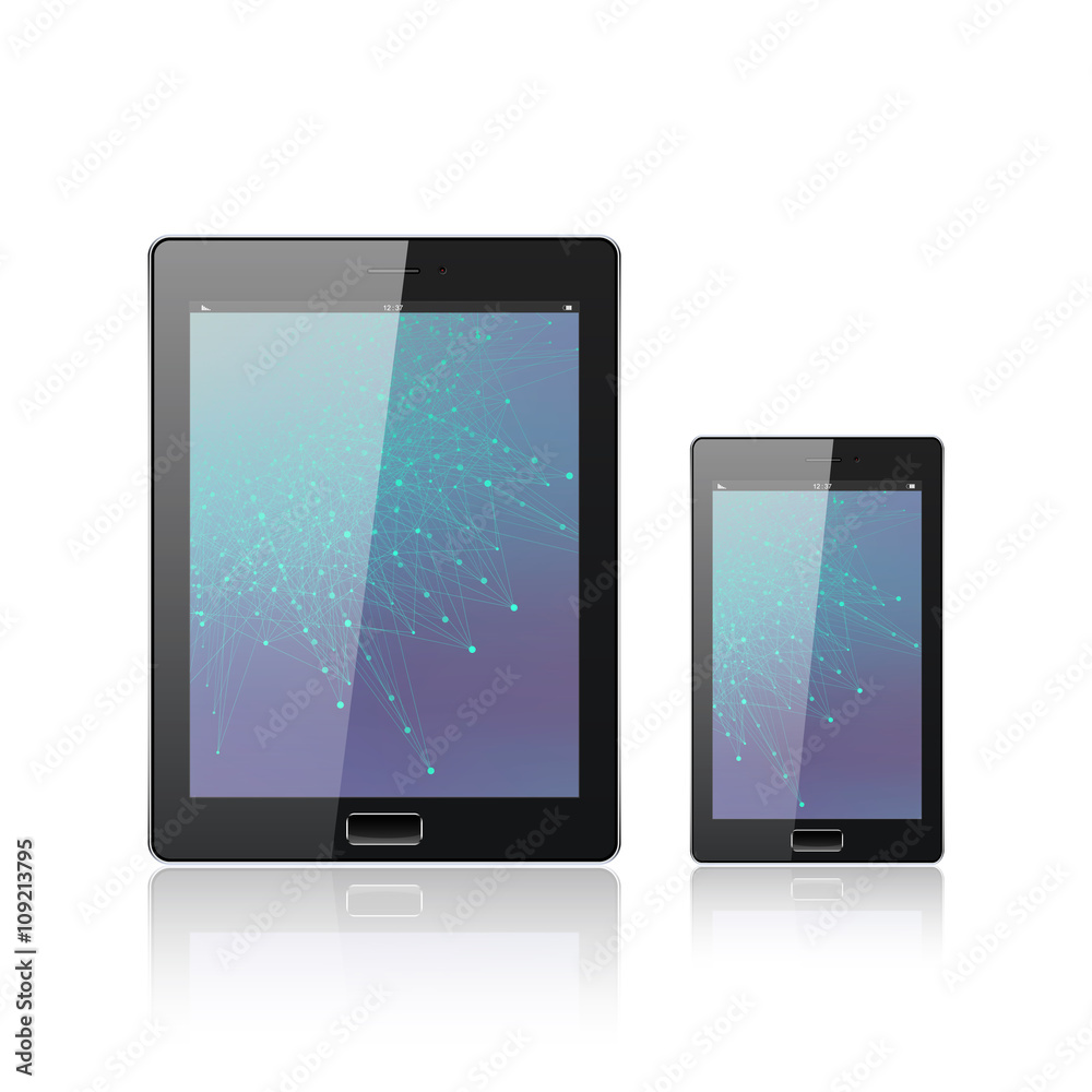 Modern digital tablet PC with mobile smartphone isolated on the white. Mobile application interface. Molecule and communication background. Vector Illustration Modern digital tablet PC with mobile smartphone isolated on the white. Mobile application interface. Molecule and communication background. Vector Illustration