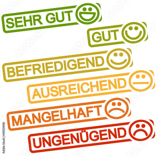 six colored stamps with smilies and ratings