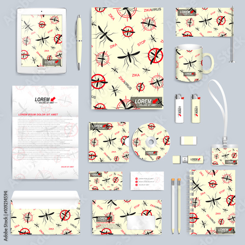 Zika virus set of vector corporate identity template. Modern business stationery mock-up. Aedes Aegypti seamless pattern with mosquito