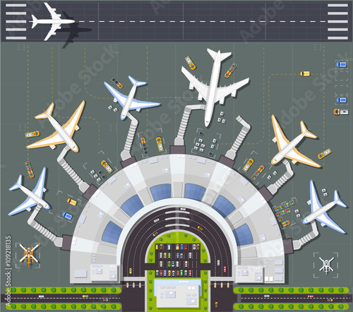 Airport view from above with the aircraft, the terminal building and runway