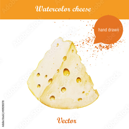 Watercolor illustration of cheese piece. Fresh organic food. Hand drawn vector