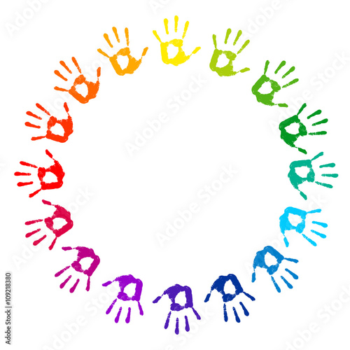 Hand print. Round frame on a white background. Multicolored hands prints. Color circle, range, Vector illustration 