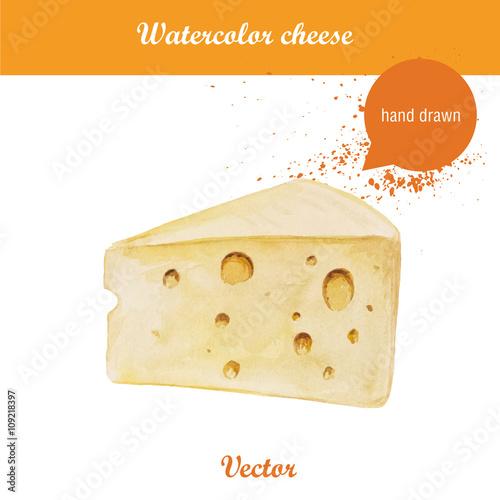 Watercolor illustration of cheese piece. Fresh organic food. Hand drawn vector