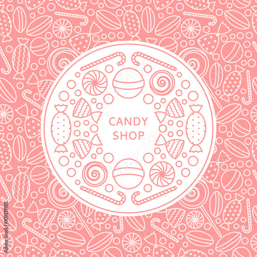Candy shop logo and seamless patterns with candies in trendy linear style. Background with pink candy icons in trendy linear style. Vector illustration.