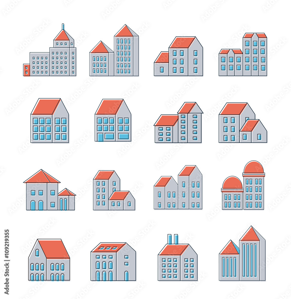 Vector set of linear urban buildings icons and illustrations of houses and architectural signs. 