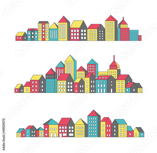 Vector set of linear urban buildings landscape and illustrations of houses and architectural signs. 