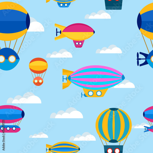 Seamless repeating pattern of beautiful bright multi-colored balloons on a background of clouds and sky