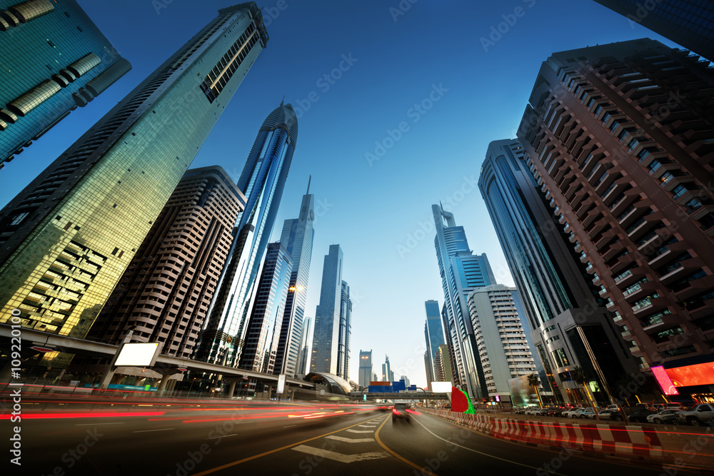 Fototapeta premium Sheikh Zayed Road in sunset time, Dubai, UAE