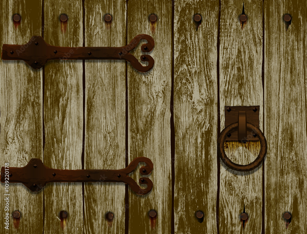 wooden door with forged hinges.vector illustration wooden door with forged hinges.vector illustration