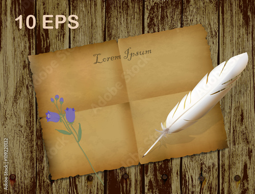 feather and ancient paper on wooden background. realistic image.vector illustration