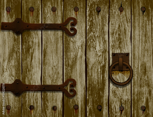 wooden door with forged hinges.vector illustration