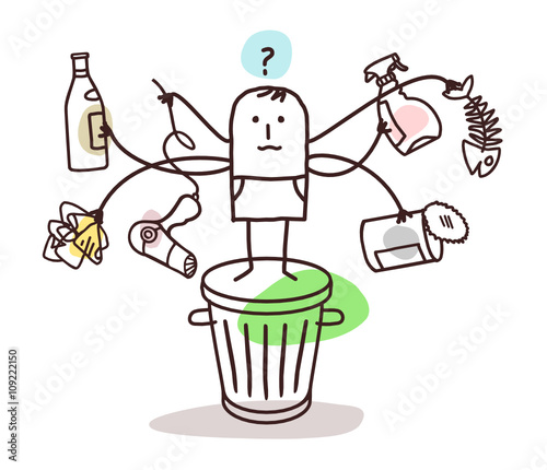 cartoon man wondering where to put the rubbish
