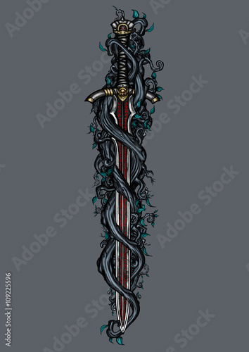 Dark elfin sword emblem. Illustration murky tree's roots like tentacles intertwined with sinister magic sword