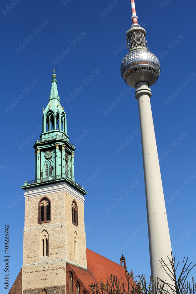 Television tower and St. Mary's Church in Berlin, Germany