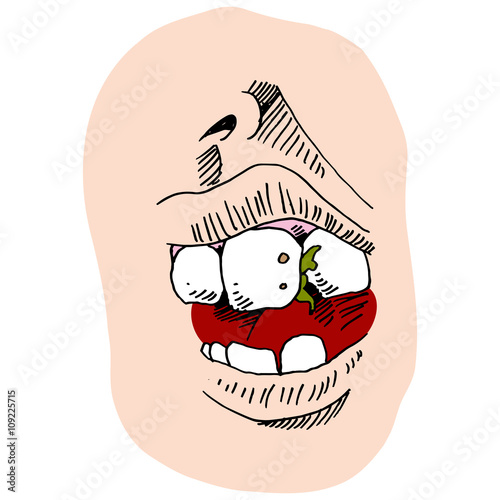 mouth with food in teeth