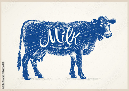 Graphical silhouette cow and inscription. Vector illustration, drawn by hand.