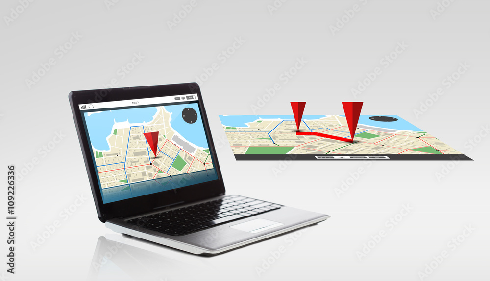 laptop computer with gps navigator map on screen laptop computer with gps navigator map on screen