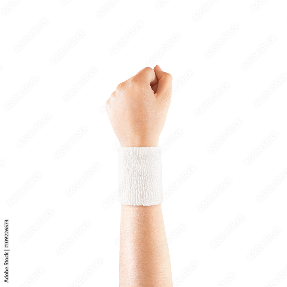 Blank white wristband mockup on hand, isolated. Clear sweat band mock up  design. Sport sweatband template wear on wrist arm. Sports support  protective bandage wrap. Bangle on the tennis player hand. Stock