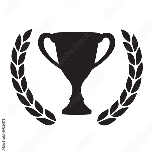 Trophy cup with Laurel wreath. Award icon or sign. Black winner symbol on white background. Vector illustration.
