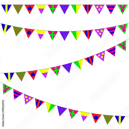 Bunting and garland set. Colorful festive flags or pennants. Vector illustration on white background. Elements for celebrate, party or festival design.