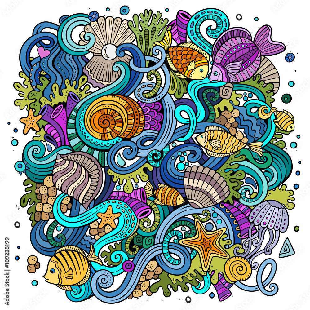 Fototapeta premium Cartoon hand-drawn doodles Underwater life illustration