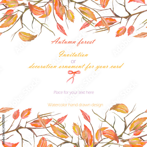 Background, template postcard with a floral ornament of the watercolor red autumn leaves on the branches on a white background