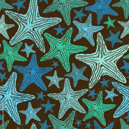 Seamless Pattern Of Blue Starfish.