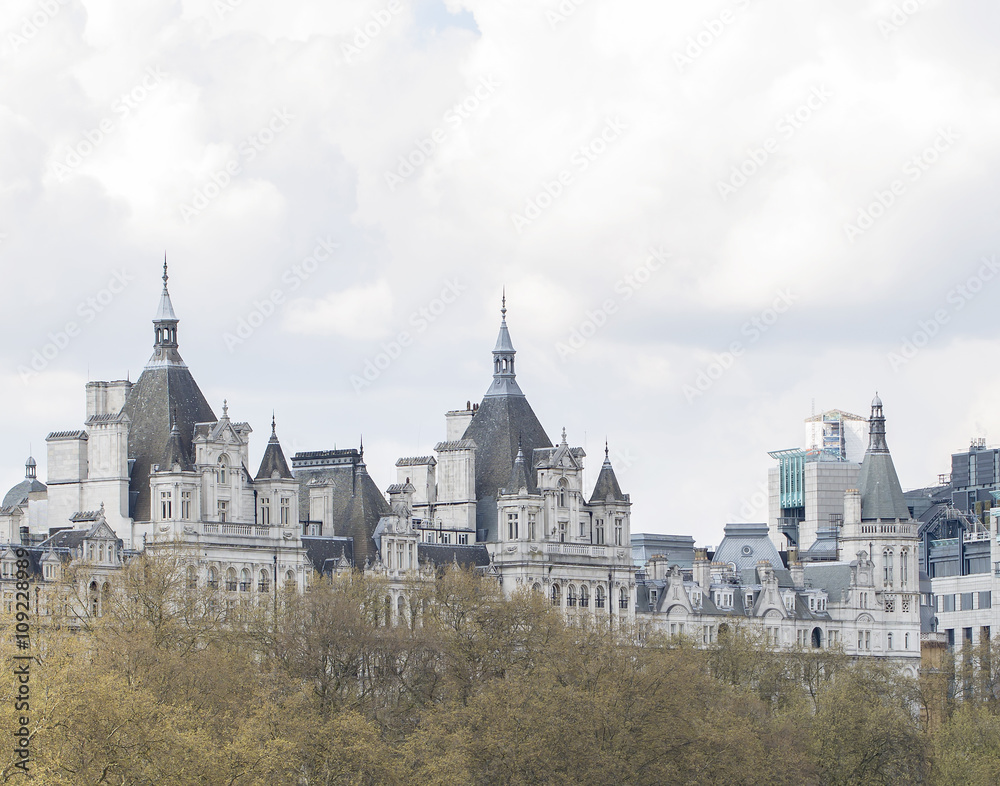 The Skyline in London. Looking more like a fantasy world, a small detail of the skyline of the London Embankment shows some of the history of London.